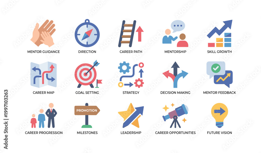 Fototapeta premium Career mentorship icons illustrating guidance and progression on white