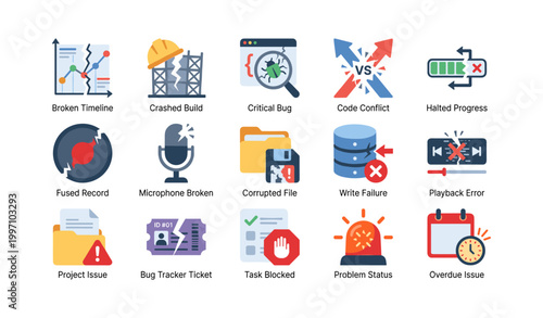 Software error icons showing bugs and failure states on white