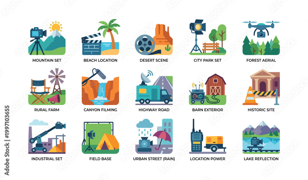 Fototapeta premium Film location and production set icons arranged in grid
