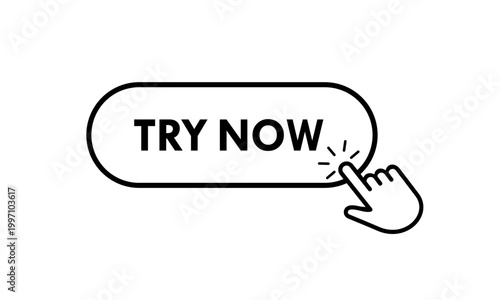 Minimalist try now button icon with clicking hand cursor pointer. Vector illustration isolated on white background, perfect for web interface, call to action, and digital marketing.