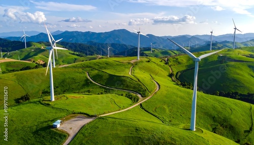 Expansive vista of wind turbines generating clean energy atop rolling hills, capturing the power of the wind with a scenic mountain backdrop