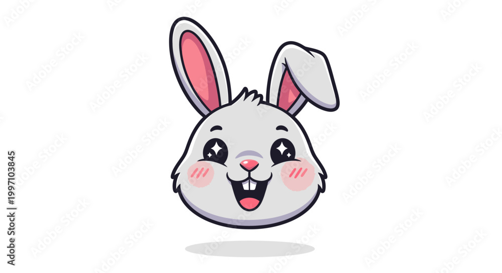 Fototapeta premium Cute cartoon rabbit face with big eyes and happy expression, isolated on white background