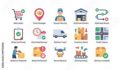 Ecommerce delivery icons depicting order tracking and fulfillment