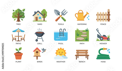 Garden icons showing yard tools and outdoor items on white background
