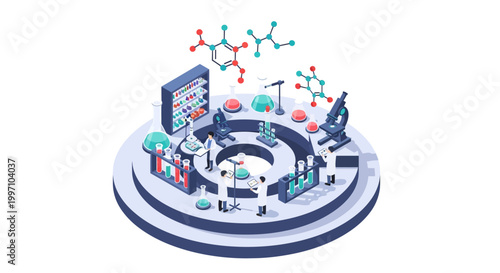 Scientists conducting research in a futuristic laboratory with molecular structures and scientific equipment.
