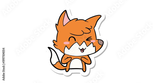 Cute cartoon fox sticker, winking with happy expression, isolated on white background