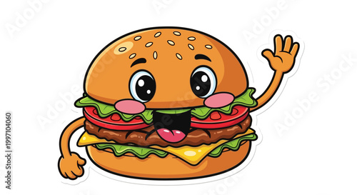 Cute Cartoon Burger Waving Hello with Happy Face and Arms