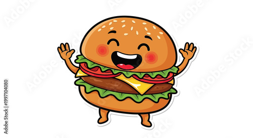 Happy Cartoon Burger Character Waving Arms, Fast Food Icon, Funny Food Illustration