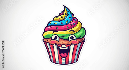 Funny Cartoon Cupcake Character with Rainbow Frosting, Smiling, Isolated on White