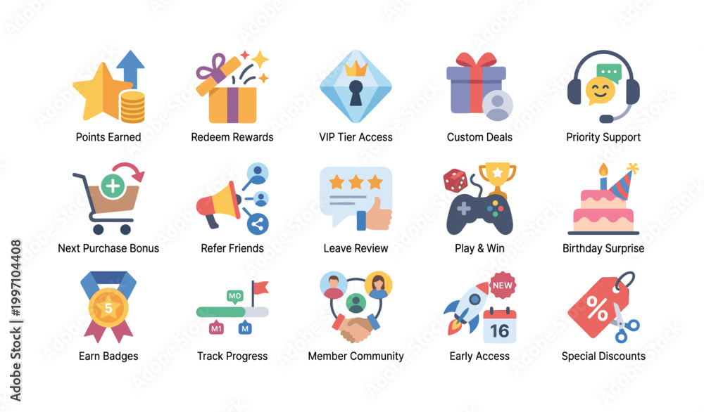 Fototapeta premium Loyalty icons showing rewards and membership features on white