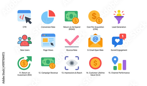 Marketing metrics icons showing performance indicators in grid