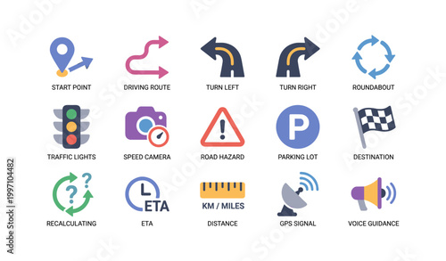 Navigation icons showing driving directions and route symbols