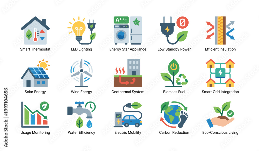 Fototapeta premium Icons of energy efficiency measures arranged in grid layout