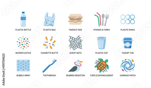 Icons of marine plastic pollution items and impacts in grid