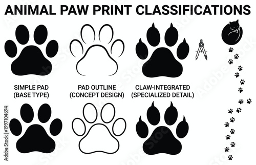 Vector set detailing various animal paw print and footprint designs; from simple pads to claw-integrated patterns, ideal for wildlife tracking and identification