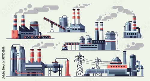 Collection of industrial factory buildings with smoke stacks emitting pollution.