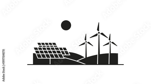 Sustainable electricity generation with solar panels and wind turbines on hills under the sun, solid silhouette, on isolated white background.