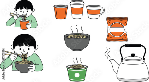Instant Noodles and Hot Beverage Illustration Set Featuring Kids Eating Ramen, Coffee Cups, Tea Kettle and Snack Pack Elements for Food Design.
