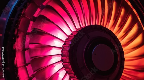 Turbofan engine rotating blades glowing with vibrant light
