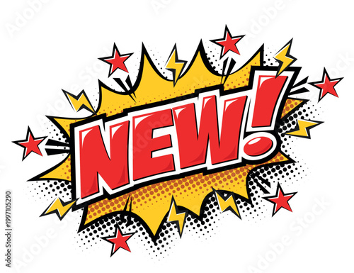 New. Lettering speech burst bubble. Sale, promo, discount, arrival lettering element with sound effect of color phrase. Vector on transparent background