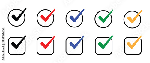 Check mark vector icon set. Check tick mark icon. check mark checkbox list vector.  Outline Tick button symbol.