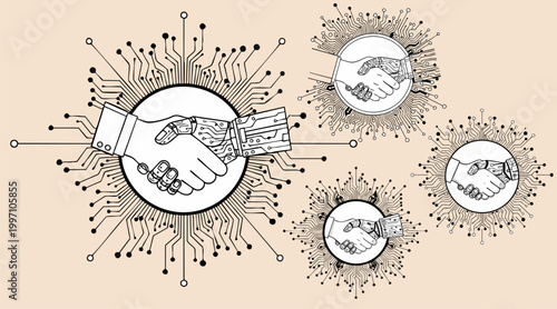 Futuristic robot and human handshake vector, artificial intelligence partnership concept, digital circuit board technology icons on beige background
