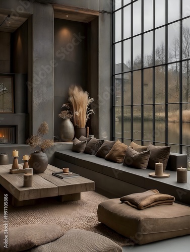 Warm wabi sabi living room with panoramic window natural textures and soft neutral tones overlooking calm landscape