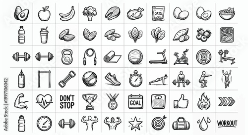 fitness and nutrition icons set in black and white