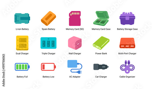 Battery and charger icons arranged in grid on white background