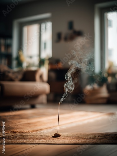  Incense smoke rising in soft light minimal interior atmosphere with shallow depth of field and calm mood