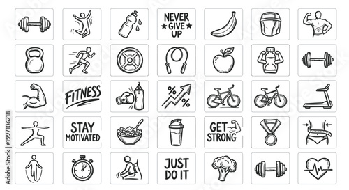 fitness icons set in black and white line art style