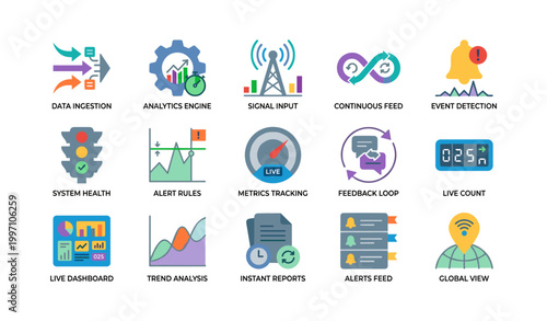 Data analytics and monitoring icons arranged in grid layout