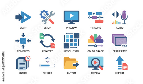 Video editing icons displaying workflow tools on white background