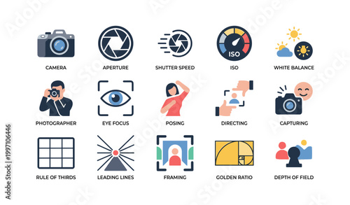 Photography icons showing settings and composition on white