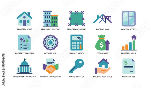 Property and housing icons arranged in grid on white background