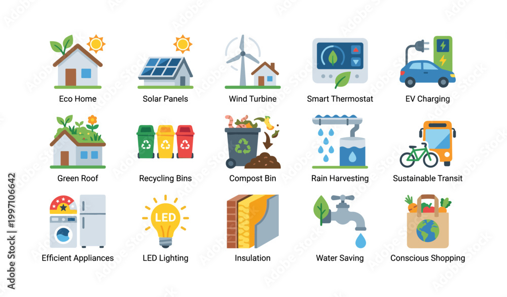 Fototapeta premium Sustainability and eco icons illustrating green home solutions