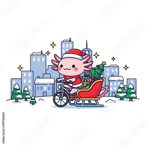 Cute Axolotl Santa Delivering Christmas Gifts on a Bicycle Sleigh.