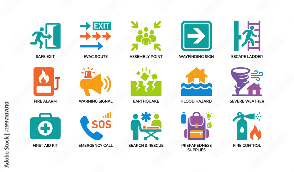 Fototapeta premium Emergency icons for evacuation and hazard information