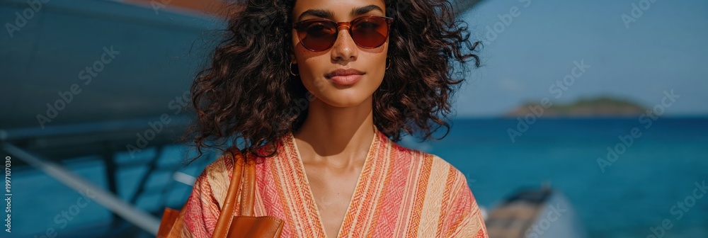 Fototapeta premium Woman posing by seaplane wearing orange striped outfit and sunglasses