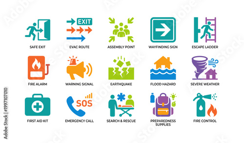 Emergency icons for evacuation and hazard information