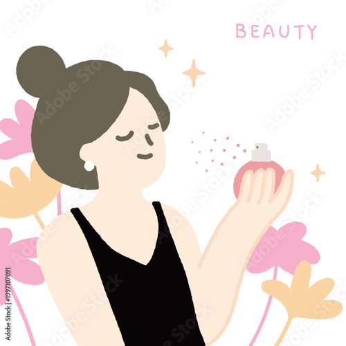 Perfume handdrawn illustration with beautiful woman and flowers.
