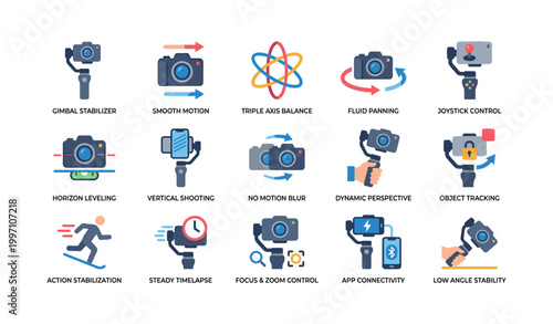 Gimbal and stabilizer icons showing motion features on white