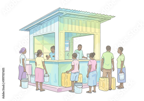 People queuing to buy water from a kiosk in a developing country