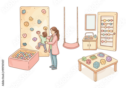 Therapist assisting child with climbing wall and sensory play activities
