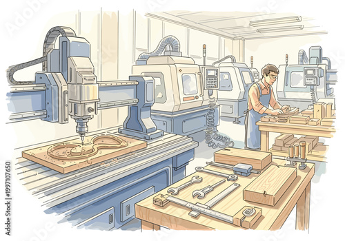 Craftsman operating a CNC machine for precise woodworking in a modern workshop
