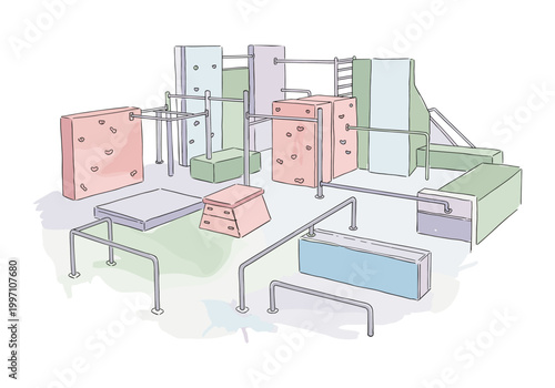 Outdoor parkour training ground with colorful obstacles and climbing walls