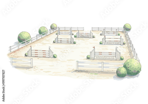 Equestrian show jumping arena with obstacles and white fences