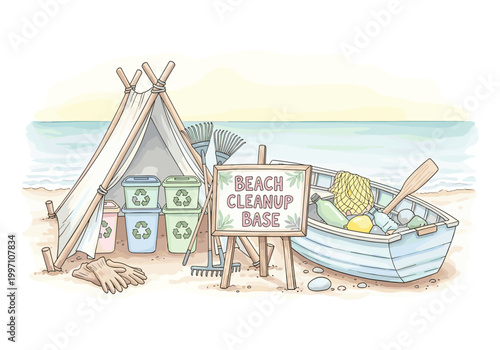 Beach cleanup base with tent, recycling bins, and boat full of collected trash