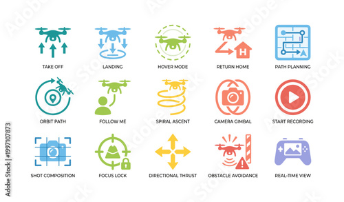 Drone control icons showing flight modes and camera features on white