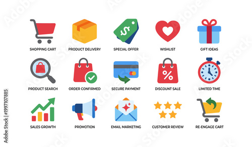 Ecommerce icons set showing shopping and marketing on white background